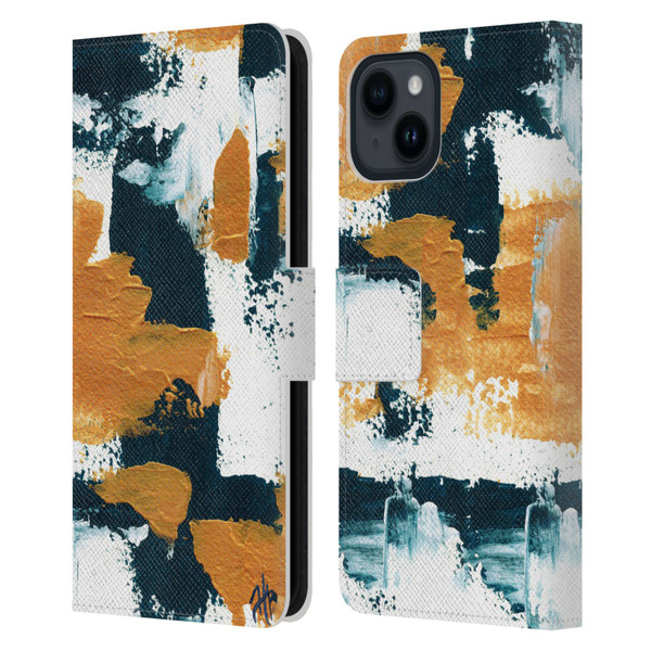 Haley Bush Pattern Painting Abstract Navy Gold White Leather Book Wallet Case Cover For Apple iPhone 15