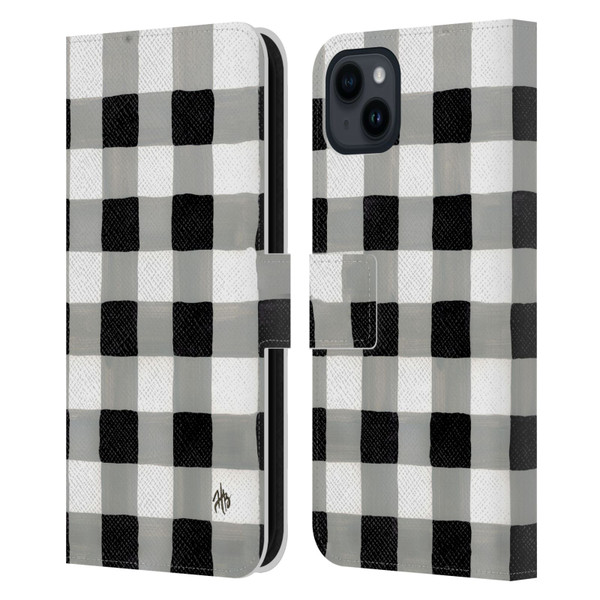 Haley Bush Pattern Painting Buffalo Check Black Leather Book Wallet Case Cover For Apple iPhone 15 Plus