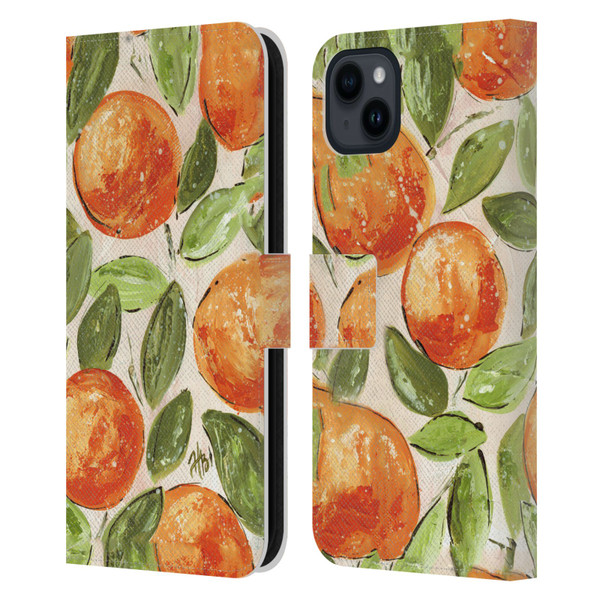 Haley Bush Pattern Painting Orange Splash Leather Book Wallet Case Cover For Apple iPhone 15 Plus