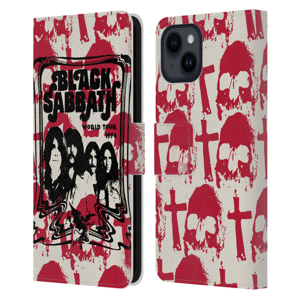 Black Sabbath Key Art Skull Cross World Tour Leather Book Wallet Case Cover For Apple iPhone 15