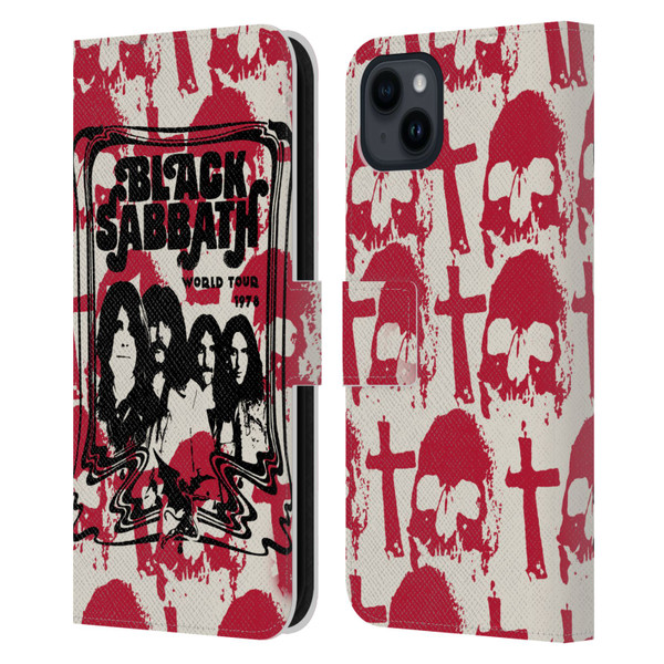 Black Sabbath Key Art Skull Cross World Tour Leather Book Wallet Case Cover For Apple iPhone 15 Plus