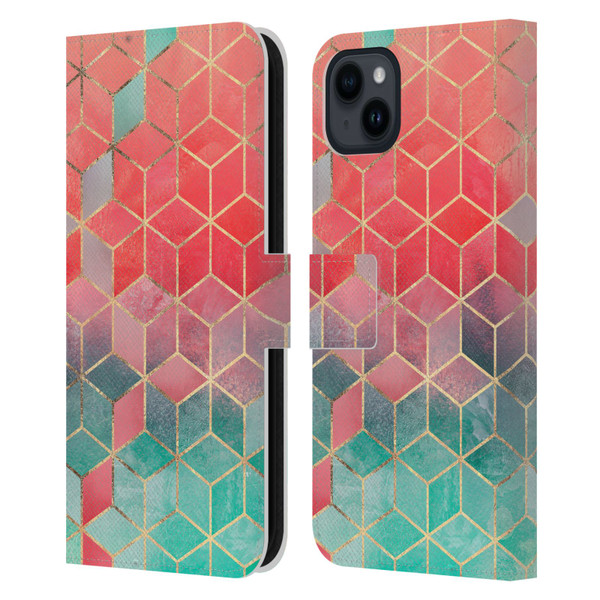 Elisabeth Fredriksson Cubes Collection Rose And Turquoise Leather Book Wallet Case Cover For Apple iPhone 15 Plus