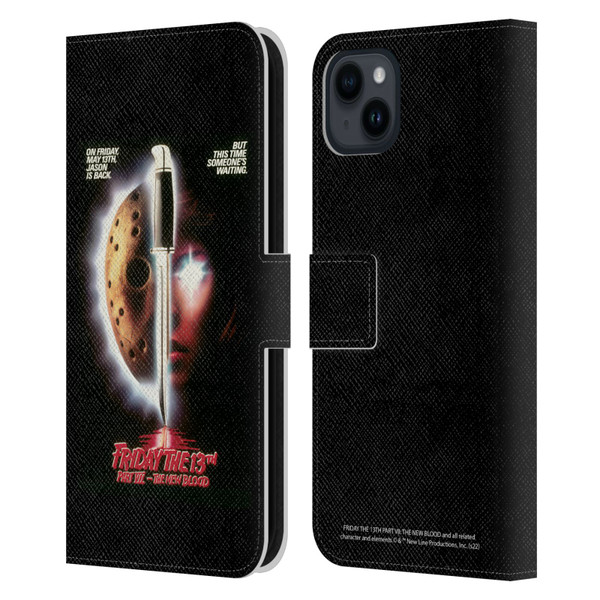 Friday the 13th Part VII The New Blood Graphics Key Art Leather Book Wallet Case Cover For Apple iPhone 15 Plus