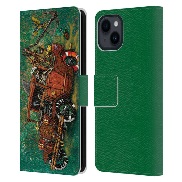 David Lozeau Skeleton Grunge Tiki Towing Leather Book Wallet Case Cover For Apple iPhone 15
