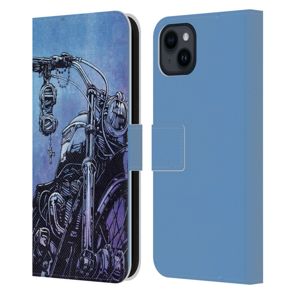 David Lozeau Skeleton Grunge Motorcycle Leather Book Wallet Case Cover For Apple iPhone 15 Plus