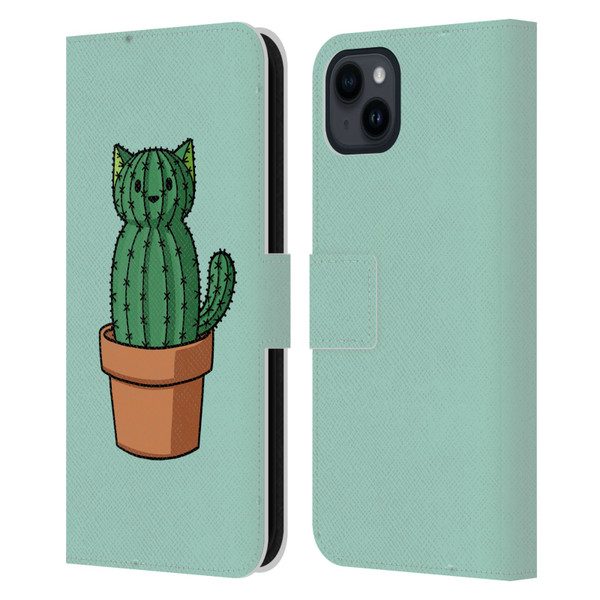 Beth Wilson Doodlecats Cactus Leather Book Wallet Case Cover For Apple iPhone 15 Plus