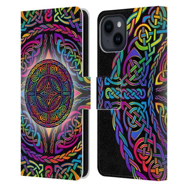 Beth Wilson Rainbow Celtic Knots Shield Leather Book Wallet Case Cover For Apple iPhone 15