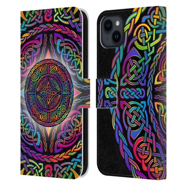 Beth Wilson Rainbow Celtic Knots Shield Leather Book Wallet Case Cover For Apple iPhone 15 Plus