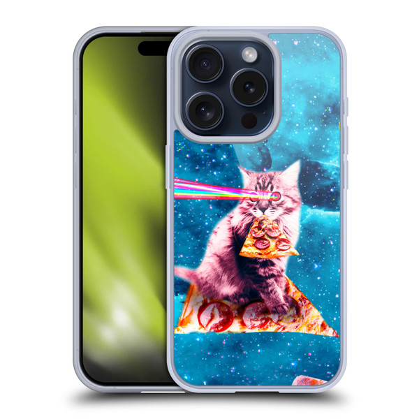 Random Galaxy Space Cat Lazer Eye & Pizza Soft Gel Case for Apple iPhone 15 Pro