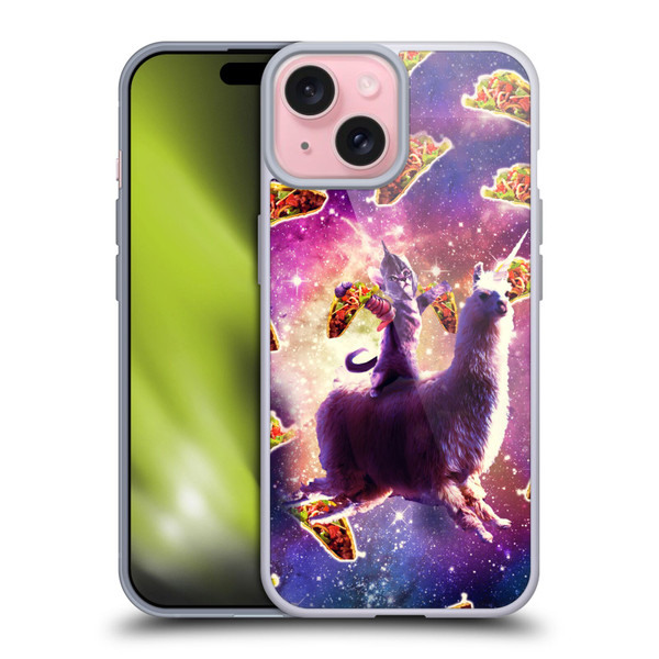 Random Galaxy Space Llama Warrior Cat & Tacos Soft Gel Case for Apple iPhone 15