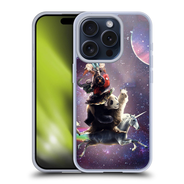 Random Galaxy Space Llama Unicorn Space Ride Soft Gel Case for Apple iPhone 15 Pro