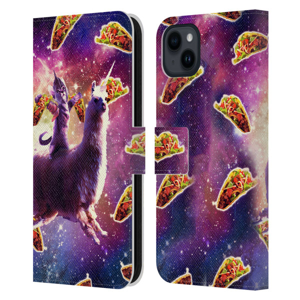 Random Galaxy Space Llama Warrior Cat & Tacos Leather Book Wallet Case Cover For Apple iPhone 15 Plus