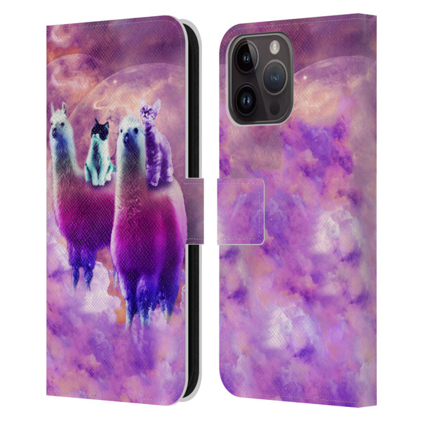 Random Galaxy Space Llama Kitty & Cat Leather Book Wallet Case Cover For Apple iPhone 15 Pro Max