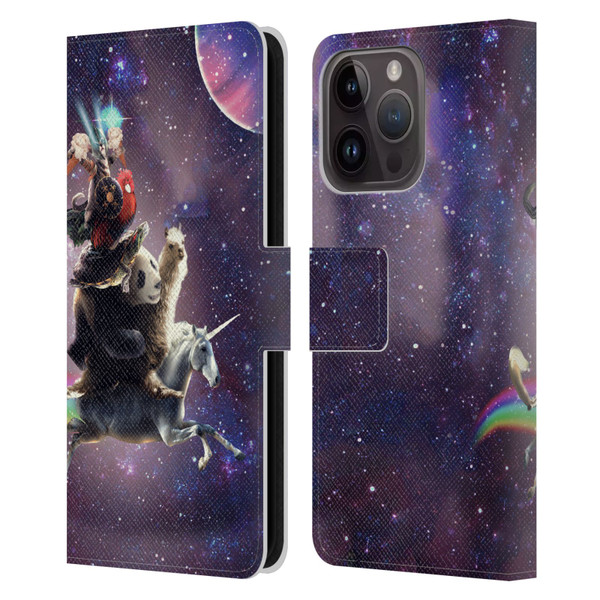 Random Galaxy Space Llama Unicorn Space Ride Leather Book Wallet Case Cover For Apple iPhone 15 Pro