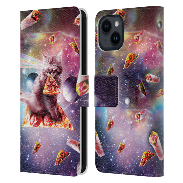 Random Galaxy Space Pizza Ride Outer Space Lazer Cat Leather Book Wallet Case Cover For Apple iPhone 15