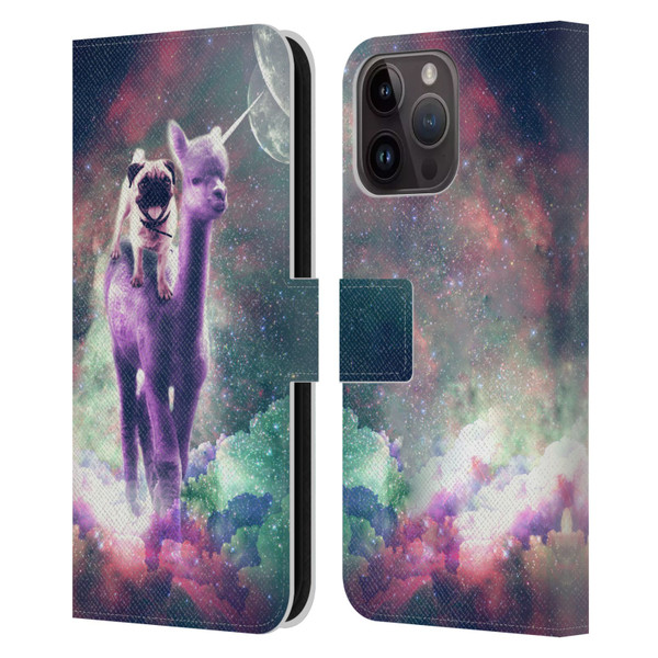 Random Galaxy Space Unicorn Ride Pug Riding Llama Leather Book Wallet Case Cover For Apple iPhone 15 Pro Max