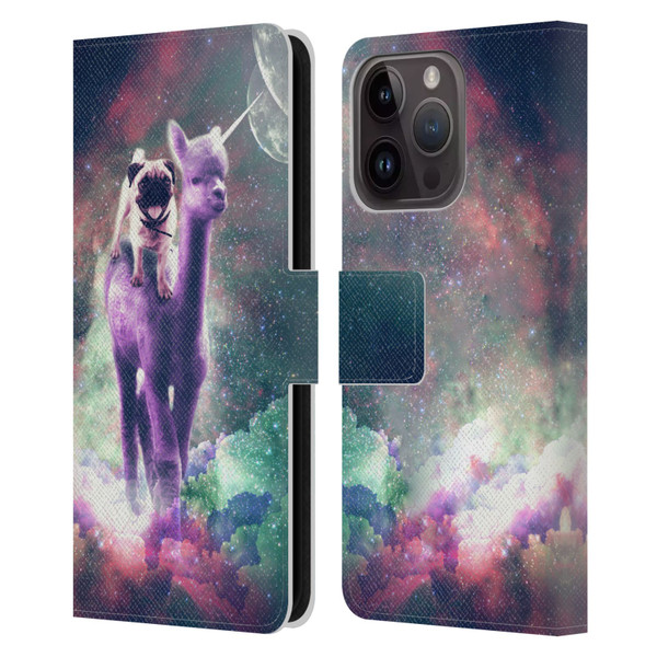 Random Galaxy Space Unicorn Ride Pug Riding Llama Leather Book Wallet Case Cover For Apple iPhone 15 Pro