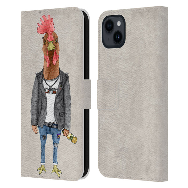 Barruf Animals Punk Rooster Leather Book Wallet Case Cover For Apple iPhone 15 Plus