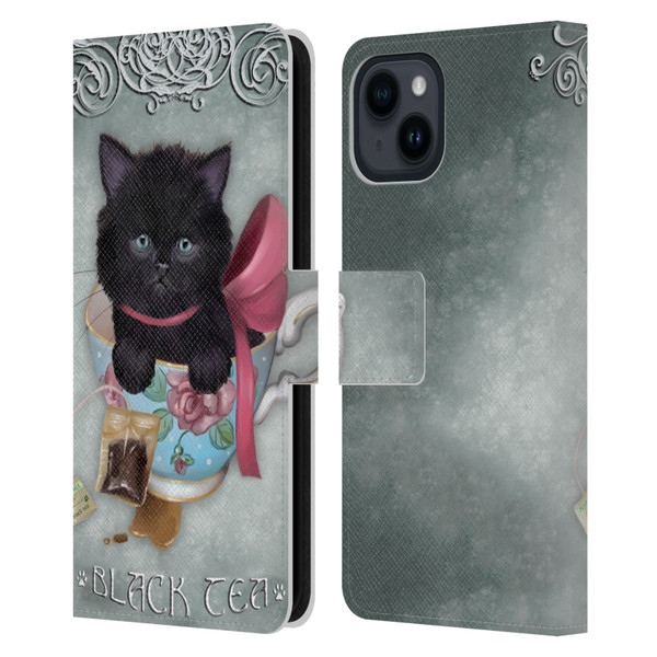 Ash Evans Black Cats Tea Leather Book Wallet Case Cover For Apple iPhone 15