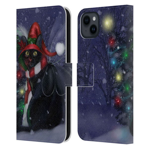Ash Evans Black Cats Yuletide Cheer Leather Book Wallet Case Cover For Apple iPhone 15 Plus