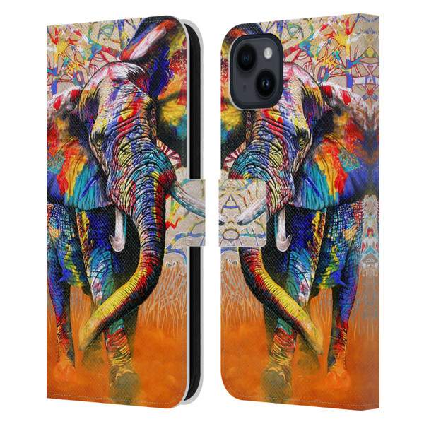 Graeme Stevenson Colourful Wildlife Elephant 4 Leather Book Wallet Case Cover For Apple iPhone 15 Plus