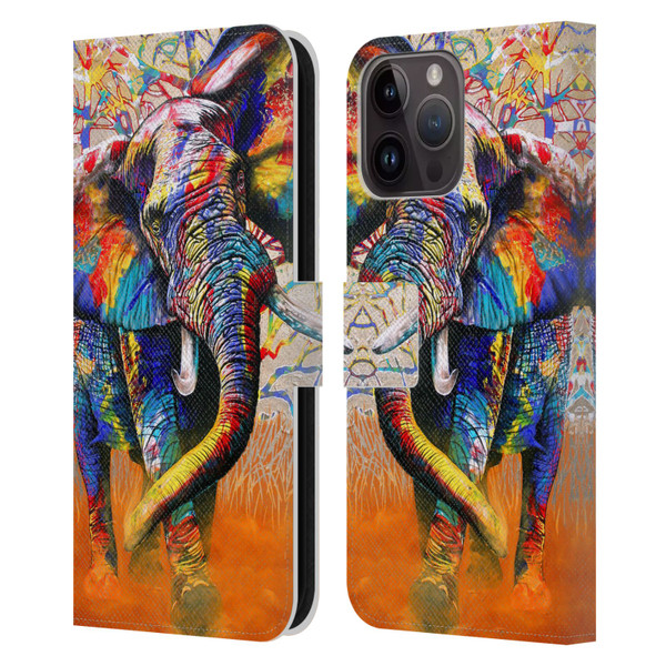 Graeme Stevenson Colourful Wildlife Elephant 4 Leather Book Wallet Case Cover For Apple iPhone 15 Pro Max