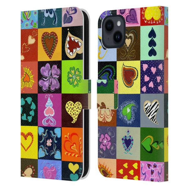 Suzan Lind Colours & Patterns Heart Quilt Leather Book Wallet Case Cover For Apple iPhone 15 Plus