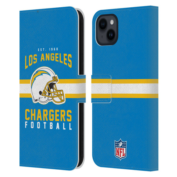 NFL Los Angeles Chargers Graphics Helmet Typography Leather Book Wallet Case Cover For Apple iPhone 15 Plus