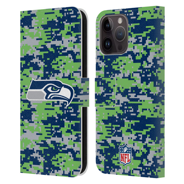 NFL Seattle Seahawks Graphics Digital Camouflage Leather Book Wallet Case Cover For Apple iPhone 15 Pro Max