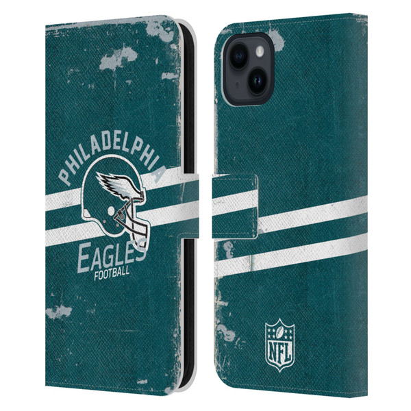 NFL Philadelphia Eagles Logo Art Helmet Distressed Leather Book Wallet Case Cover For Apple iPhone 15 Plus
