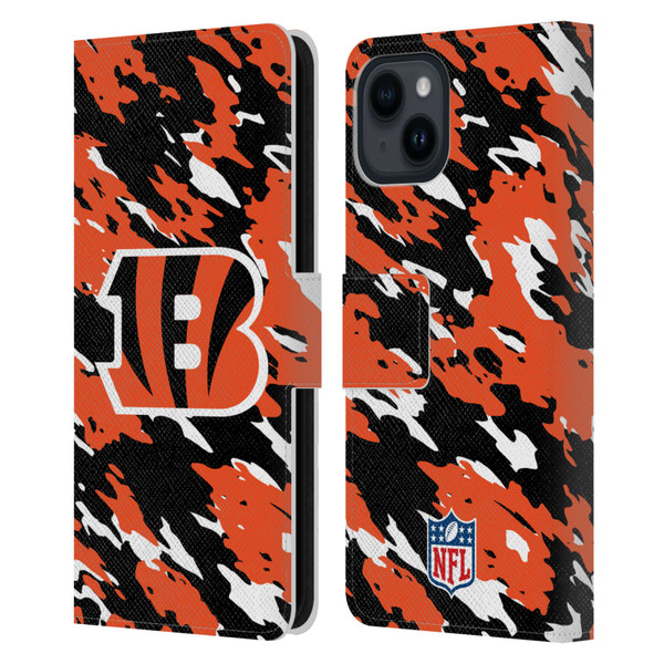 NFL Cincinnati Bengals Logo Camou Leather Book Wallet Case Cover For Apple iPhone 15