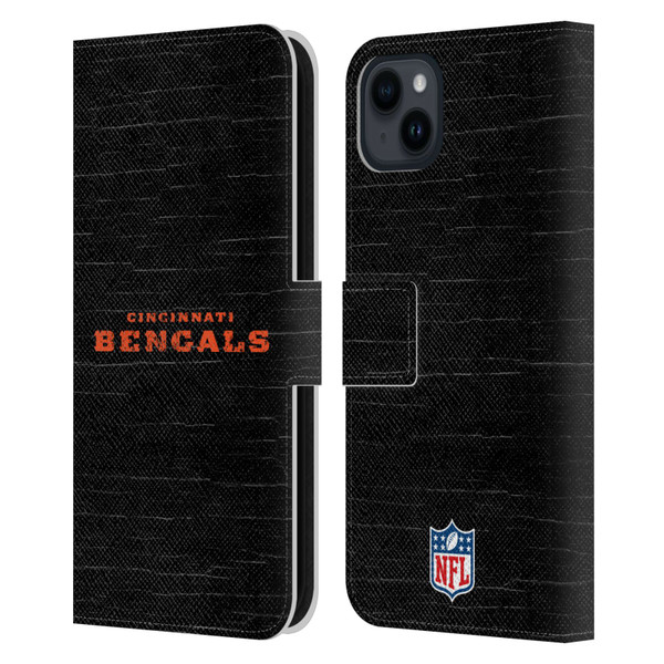 NFL Cincinnati Bengals Logo Distressed Look Leather Book Wallet Case Cover For Apple iPhone 15 Plus