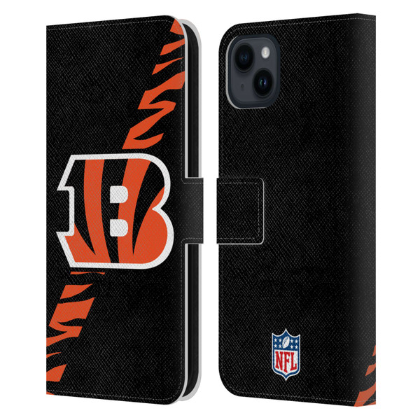 NFL Cincinnati Bengals Logo Stripes Leather Book Wallet Case Cover For Apple iPhone 15 Plus