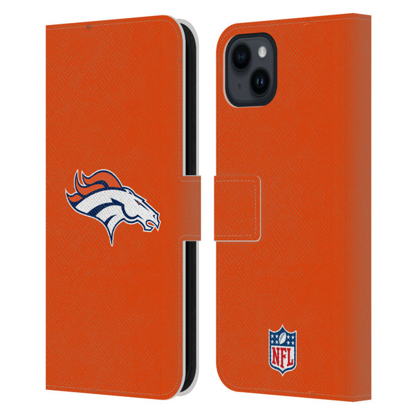 NFL Denver Broncos Logo Plain Leather Book Wallet Case Cover For Apple iPhone 15 Plus
