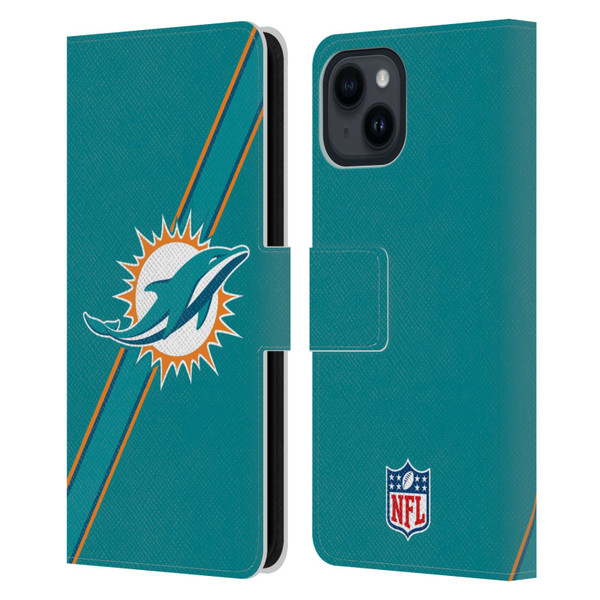 NFL Miami Dolphins Logo Stripes Leather Book Wallet Case Cover For Apple iPhone 15