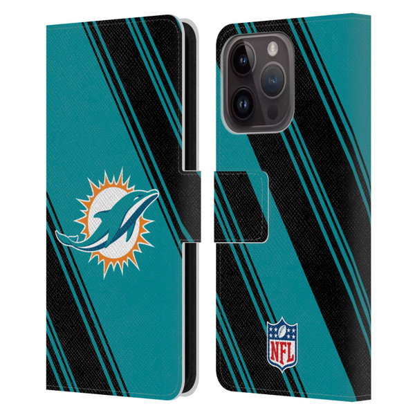 NFL Miami Dolphins Artwork Stripes Leather Book Wallet Case Cover For Apple iPhone 15 Pro