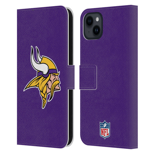 NFL Minnesota Vikings Logo Plain Leather Book Wallet Case Cover For Apple iPhone 15 Plus