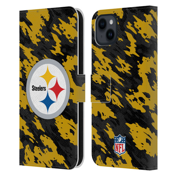 NFL Pittsburgh Steelers Logo Camou Leather Book Wallet Case Cover For Apple iPhone 15 Plus