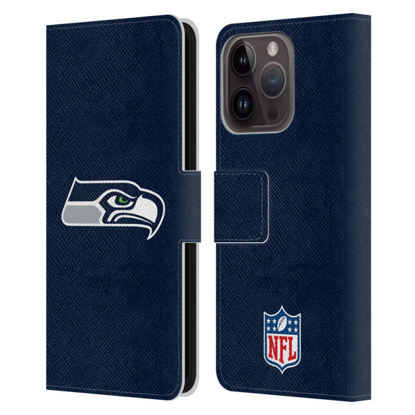 NFL Seattle Seahawks Logo Plain Leather Book Wallet Case Cover For Apple iPhone 15 Pro