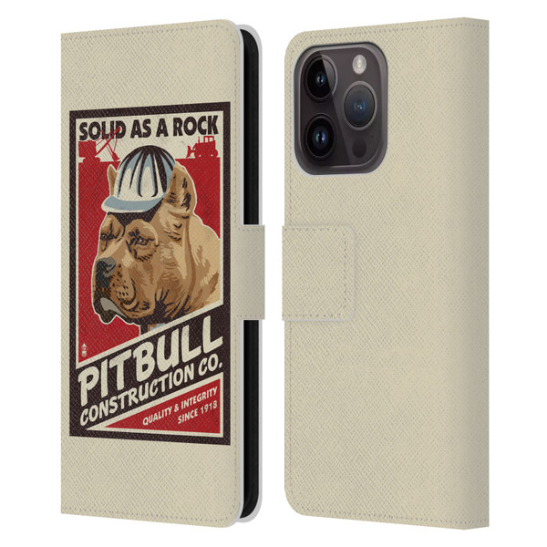 Lantern Press Dog Collection Pitbull Construction Leather Book Wallet Case Cover For Apple iPhone 15 Pro