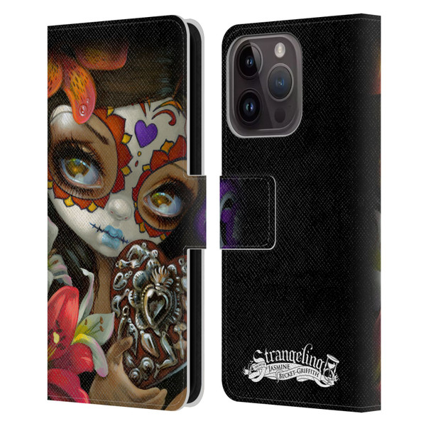 Strangeling Art Day of Dead Heart Charm Leather Book Wallet Case Cover For Apple iPhone 15 Pro