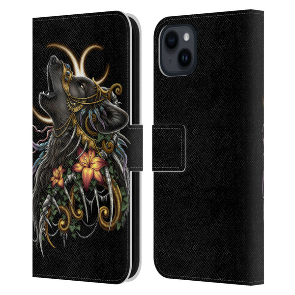 Sarah Richter Animals Gothic Black Howling Wolf Leather Book Wallet Case Cover For Apple iPhone 15 Plus