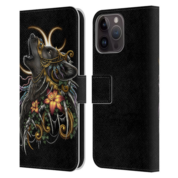 Sarah Richter Animals Gothic Black Howling Wolf Leather Book Wallet Case Cover For Apple iPhone 15 Pro Max