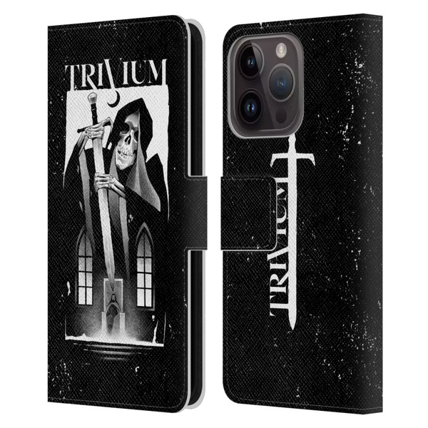 Trivium Graphics Skeleton Sword Leather Book Wallet Case Cover For Apple iPhone 15 Pro