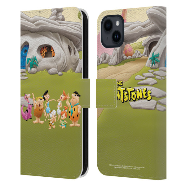 The Flintstones Characters Stone House Leather Book Wallet Case Cover For Apple iPhone 15 Plus