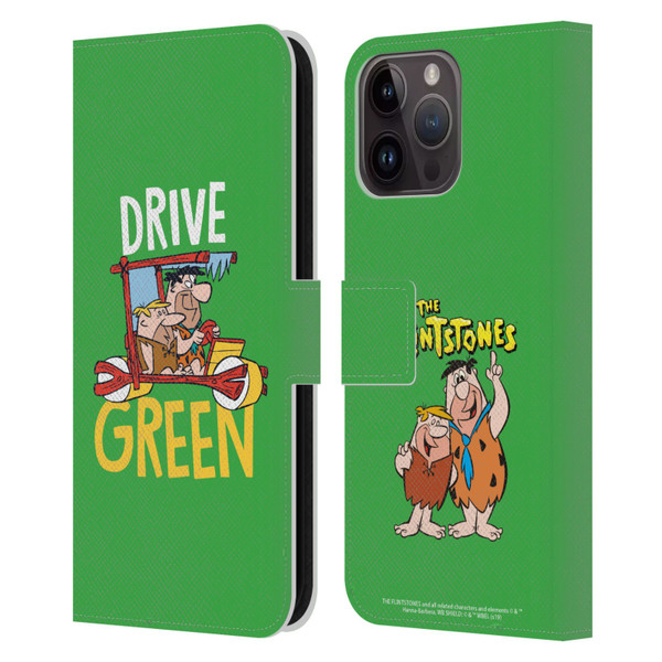 The Flintstones Graphics Drive Green Leather Book Wallet Case Cover For Apple iPhone 15 Pro Max