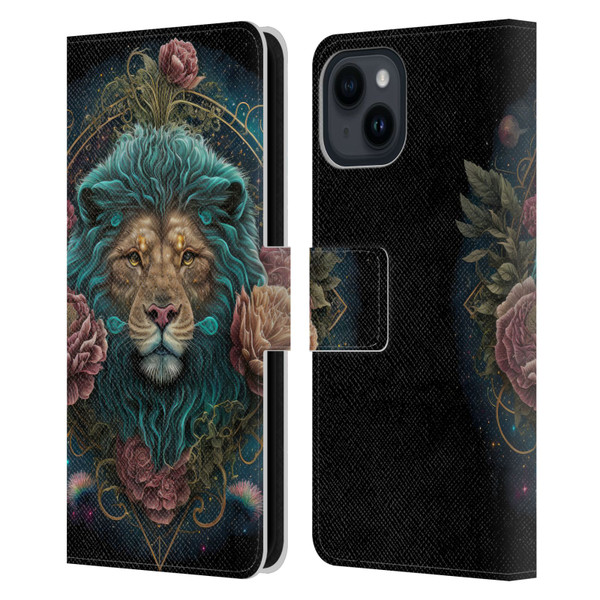 Spacescapes Floral Lions Aqua Mane Leather Book Wallet Case Cover For Apple iPhone 15