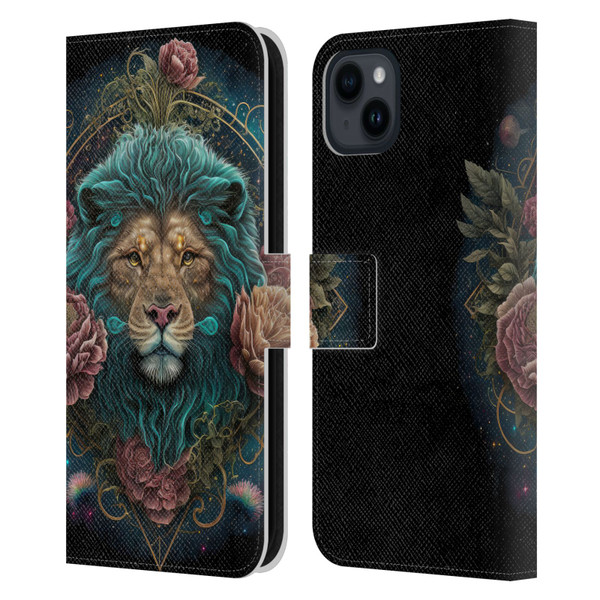 Spacescapes Floral Lions Aqua Mane Leather Book Wallet Case Cover For Apple iPhone 15 Plus