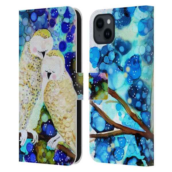 Sylvie Demers Birds 3 Owls Leather Book Wallet Case Cover For Apple iPhone 15 Plus