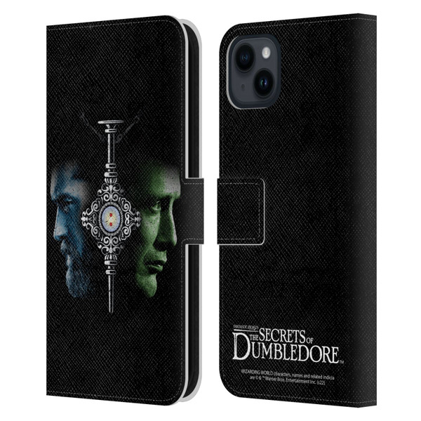 Fantastic Beasts: Secrets of Dumbledore Graphic Core Dumbledore And Grindelwald Leather Book Wallet Case Cover For Apple iPhone 15 Plus